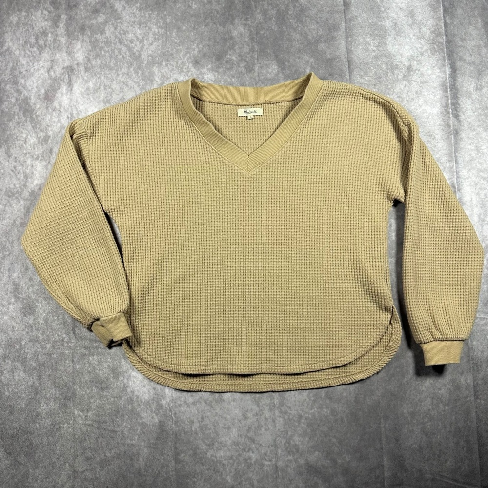 Madewell Women V-Neck Waffle Knit Top Tan Long Sleeve Curved Hem Small Oversized